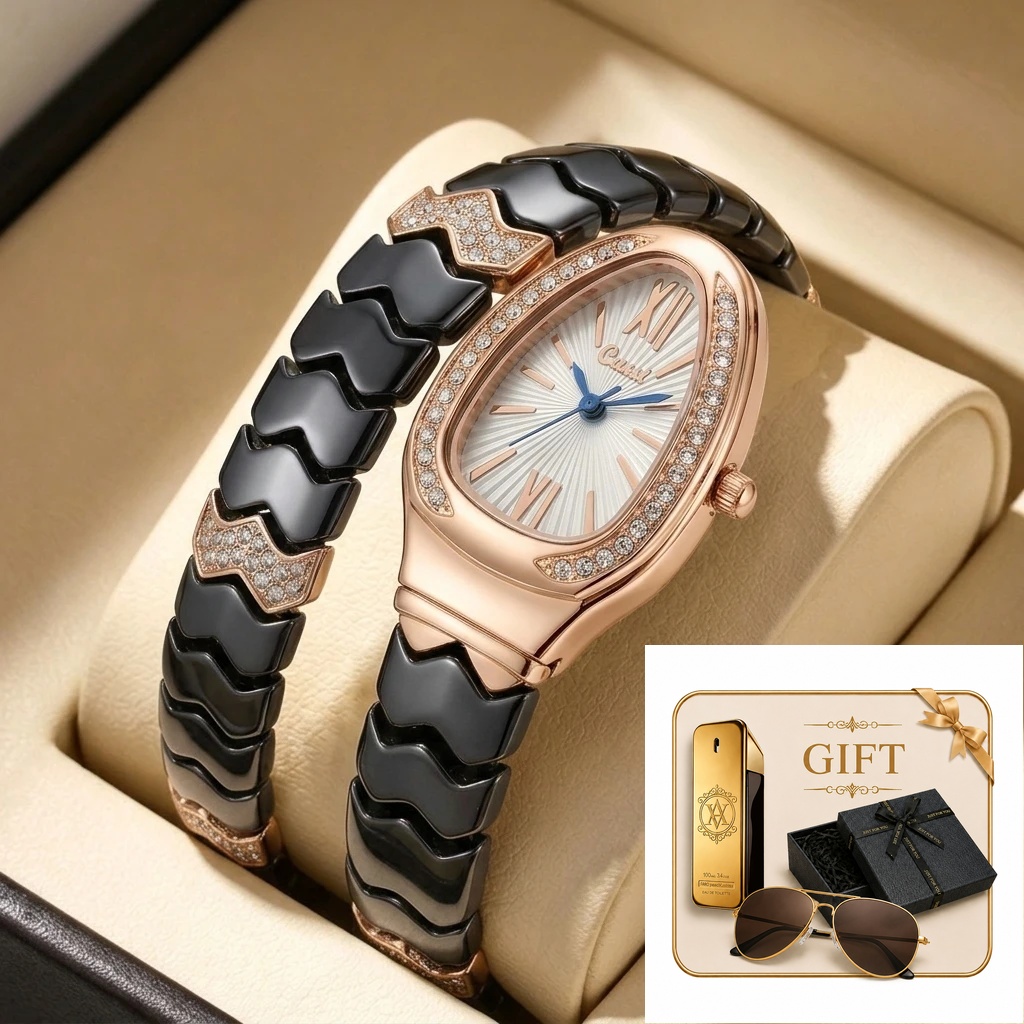 Luxury Watch Gold And Black - 4pc Ladies Black and Rose Gold