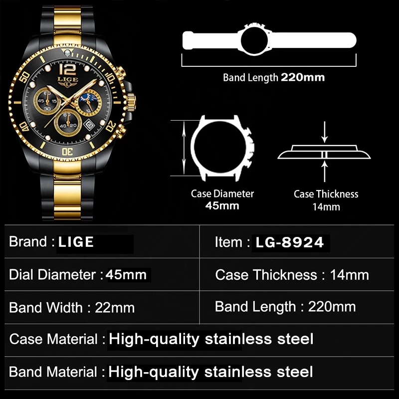 LIGE Fashion Black Gold Clock  - Luxury Watch Gold And Black recension och pris